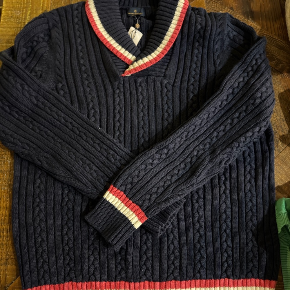 Brooks Brothers Navy V-Neck Sweater with Red and White Accents